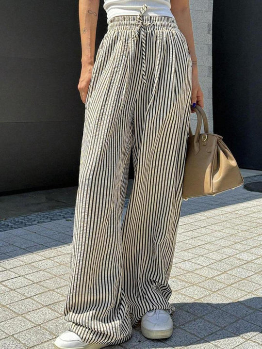 Damen Marlene-Streifenhose aus Leinenmix mit weitem Bein, Elastikbund und Kordelzug Nord Taschen