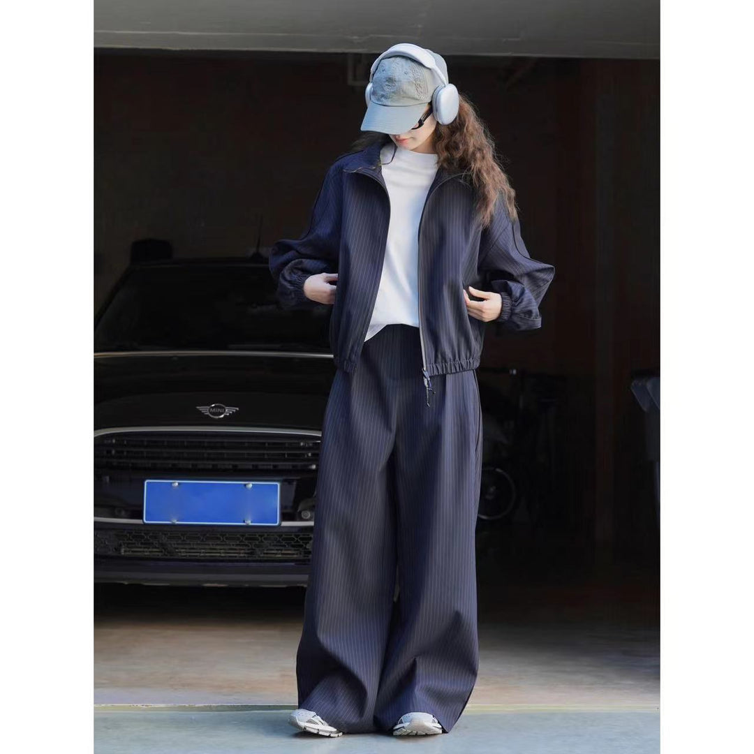Damen weite Nadelstreifen-Hose mit hohem Bund und weitem Bein Nord Taschen