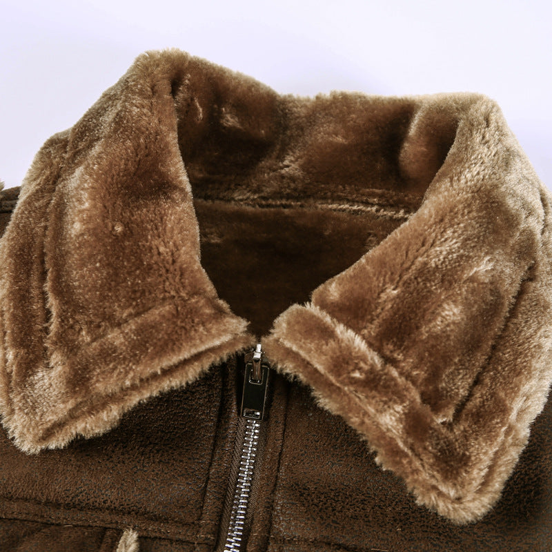 Herren Gefütterte Lammfell‑Imitat Bikerjacke mit Stehkragen und Pattentaschen Nord Taschen