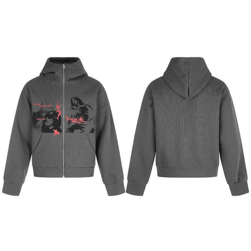 Damen Kapuzen-Zipjacke mit Nietenverzierung, Artwork-Frontprint und Kängurutaschen Nord Taschen
