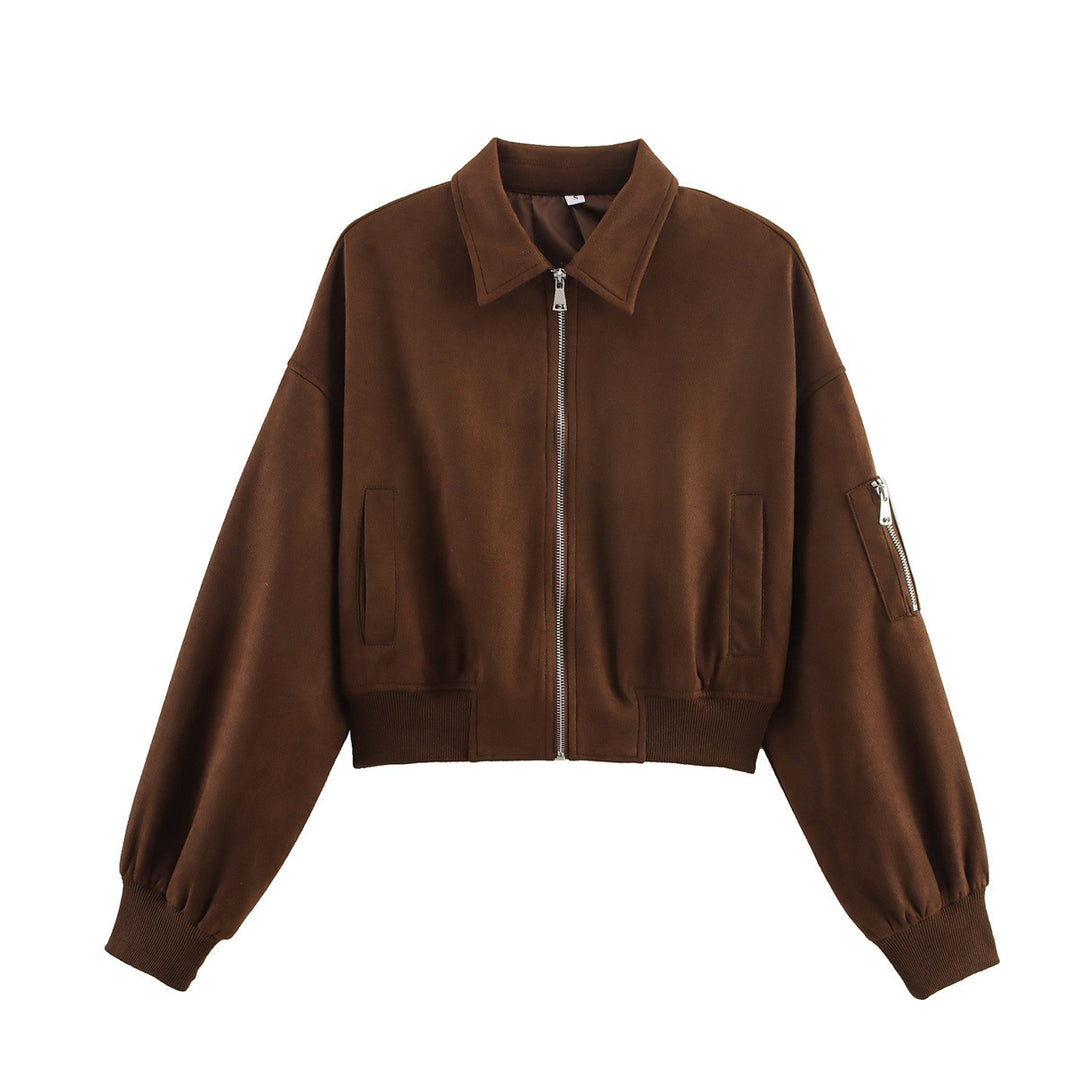 Damen Cropped Bomberjacke in Veloursoptik mit Hemdkragen, Ärmel-Tasche und tailliertem Rippbund Nord Taschen