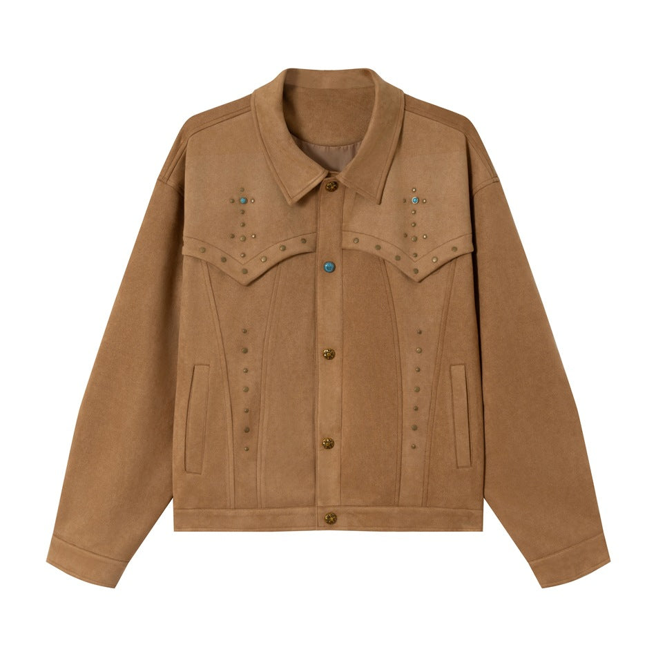 Damen Kurz geschnittene Wildleder‑Optik Blousonjacke mit Western‑Yoke und Nietenapplikation Nord Taschen