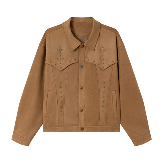 Damen Kurz geschnittene Wildleder‑Optik Blousonjacke mit Western‑Yoke und Nietenapplikation Nord Taschen