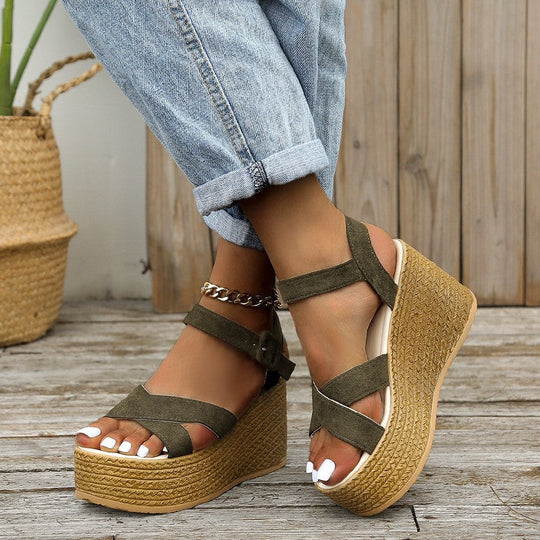 Damen Keil-Sandalen mit modischem Überkreuzriemen und rutschfester Sohle