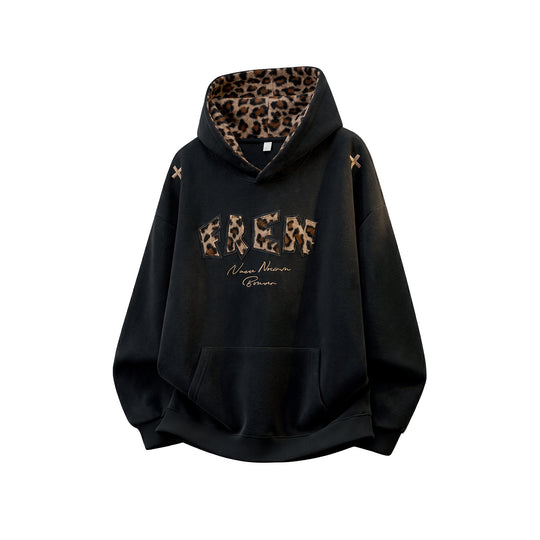 Damen Oversize-Kapuzenpullover mit gefütterter Leopardenkapuze und Applikationsschrift Nord Taschen