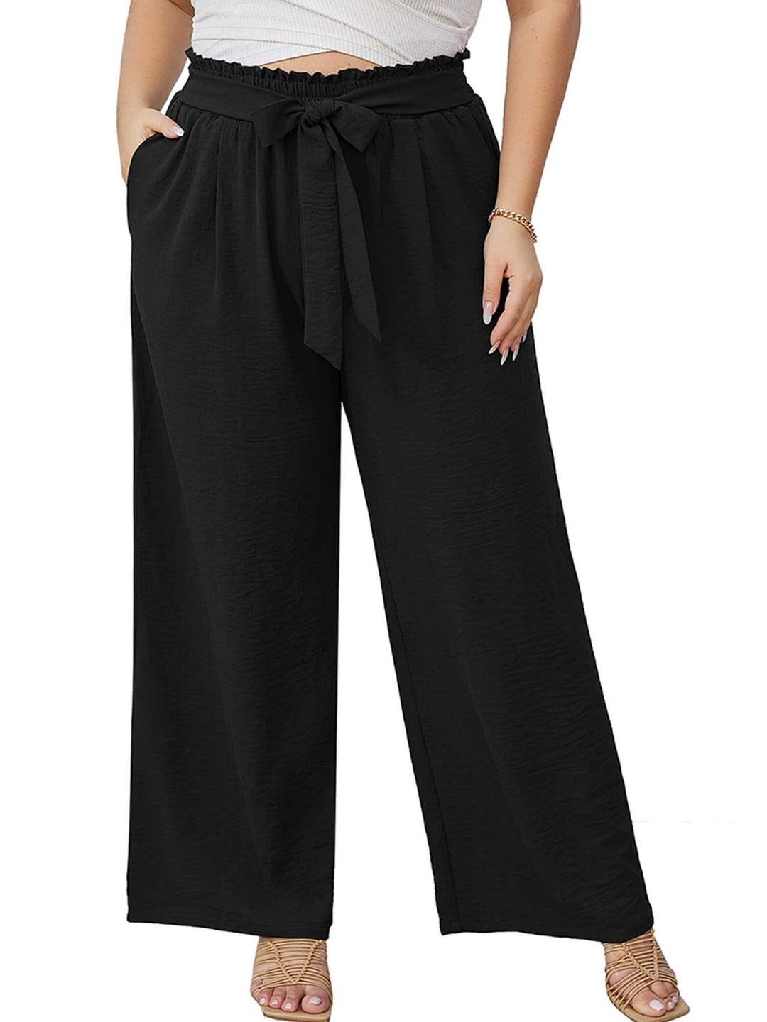 Damen Weite Culotte-Hose in Leinenoptik mit Paperbag-Taille, Bindegürtel und Eingrifftaschen Nord Taschen
