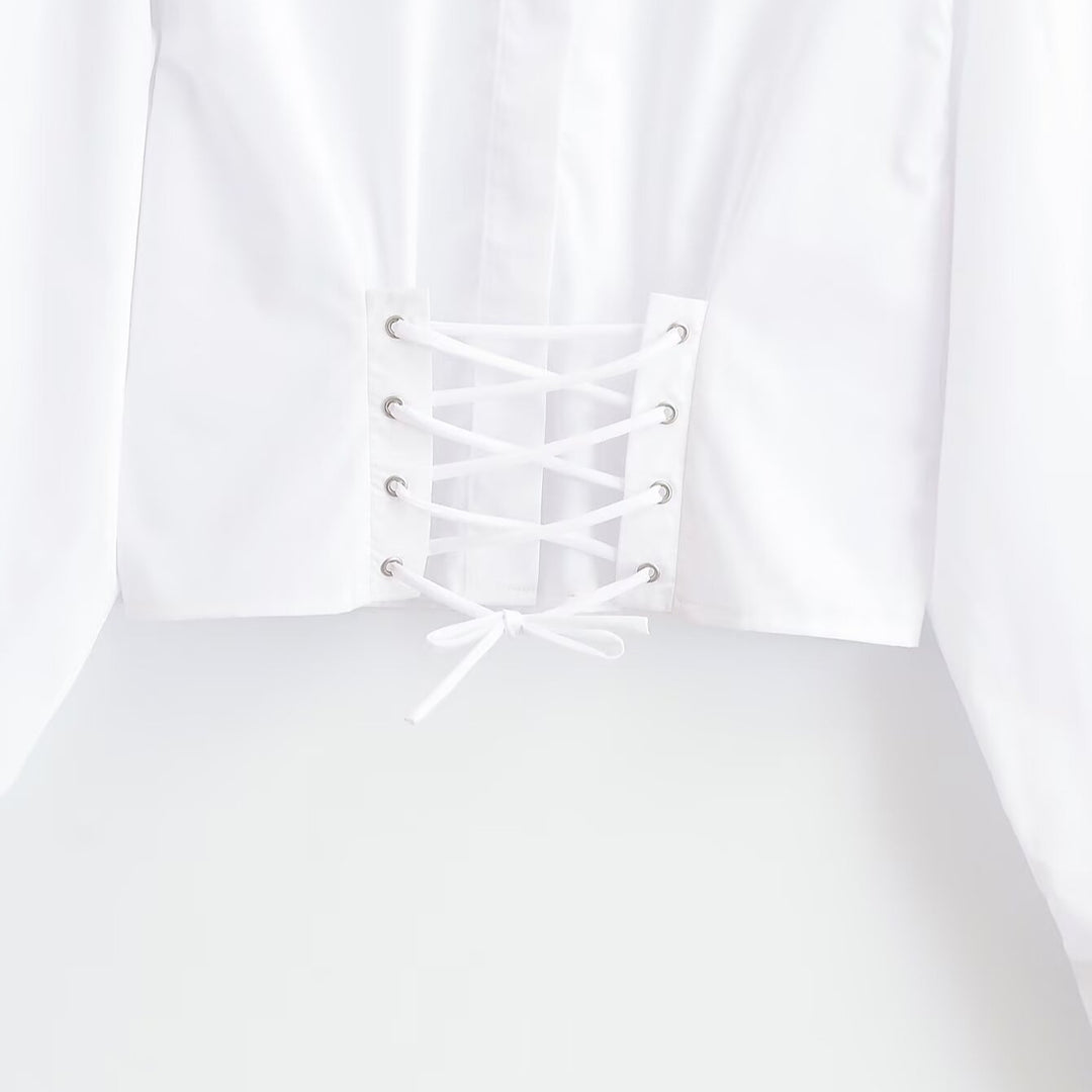 Damen Kurzbluse mit Stehkragen, Kordel-Corsage am Saum und Volumenärmeln Nord Taschen
