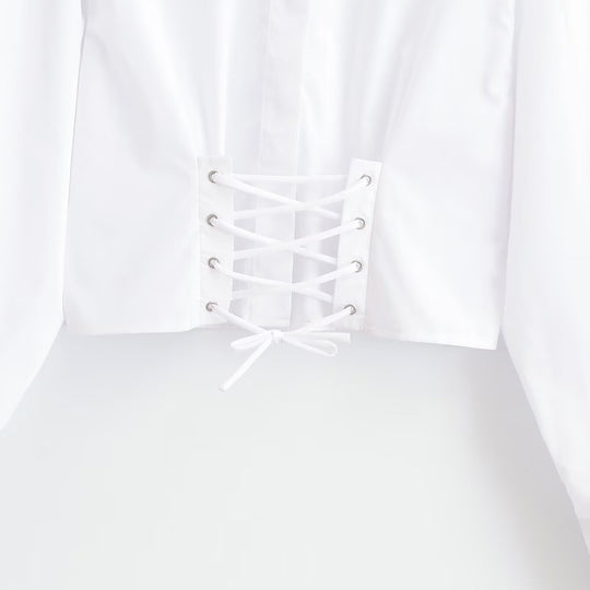 Damen Kurzbluse mit Stehkragen, Kordel-Corsage am Saum und Volumenärmeln Nord Taschen
