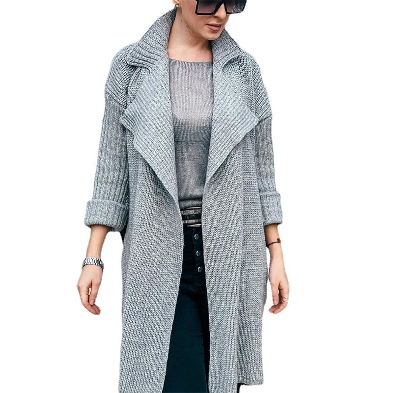 Damen Langer Offener Strickmantel mit Schalkragen und Umschlagärmeln Nord Taschen