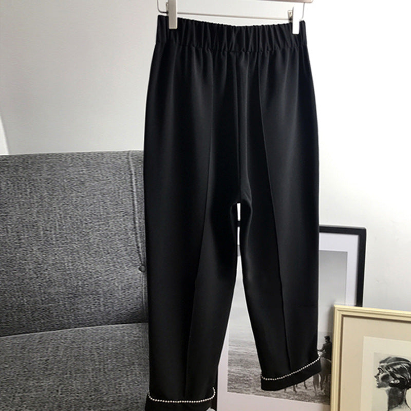 Damen Hochtaillierte Bundfaltenhose mit elastischem Bund und perlenbesetztem Saum Nord Taschen