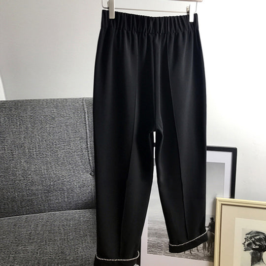 Damen Hochtaillierte Bundfaltenhose mit elastischem Bund und perlenbesetztem Saum Nord Taschen