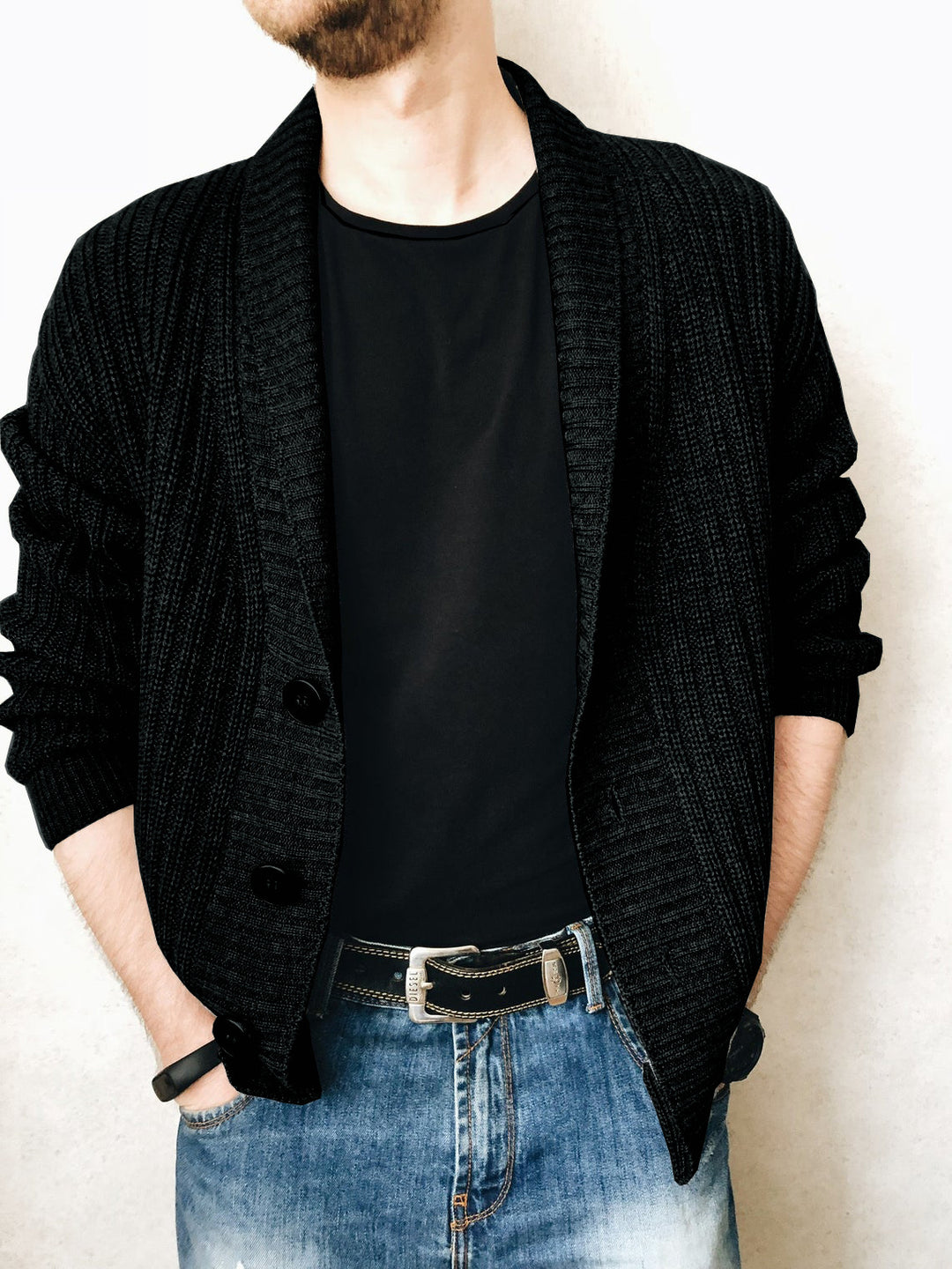 Herren Strickcardigan mit Schalkragen und Knopfleiste Nord Taschen