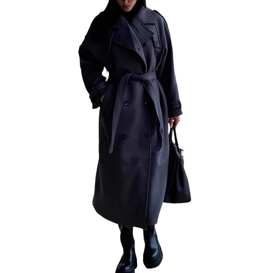 Damen Maxi-Wollmix-Mantel im Military-Stil mit breitem Revers und überschnittenen Ärmeln Nord Taschen