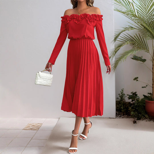 Damen Elegantes Off-Shoulder Plissee Kleid Nord Taschen