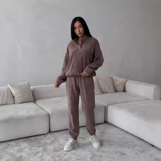 Damen Oversize-Fleece-Set mit Henley-Kragen und weicher Jogginghose Nord Taschen