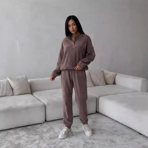 Damen Oversize-Fleece-Set mit Henley-Kragen und weicher Jogginghose Nord Taschen