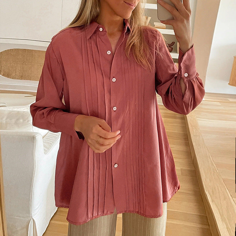 Damen Plissierte Tunika-Bluse mit Hemdkragen und lockerer A-Linien-Silhouette Nord Taschen