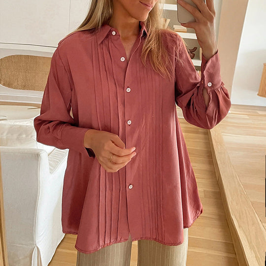 Damen Plissierte Tunika-Bluse mit Hemdkragen und lockerer A-Linien-Silhouette Nord Taschen