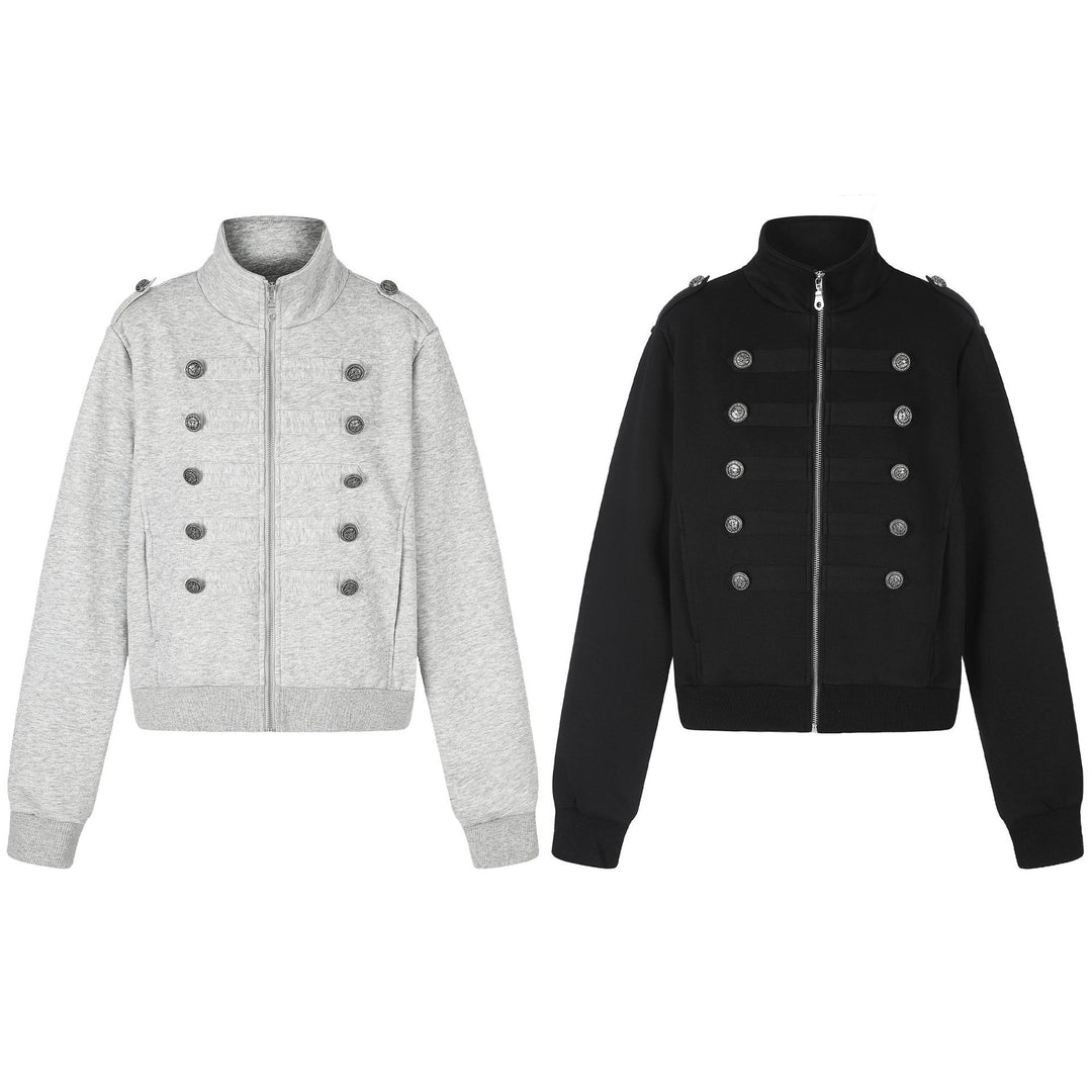 Damen Kurze Sweatjacke im Military-Stil mit Stehkragen Nord Taschen