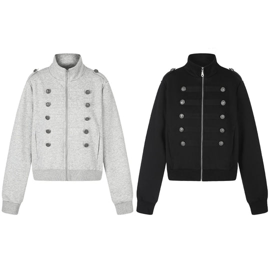 Damen Kurze Sweatjacke im Military-Stil mit Stehkragen Nord Taschen