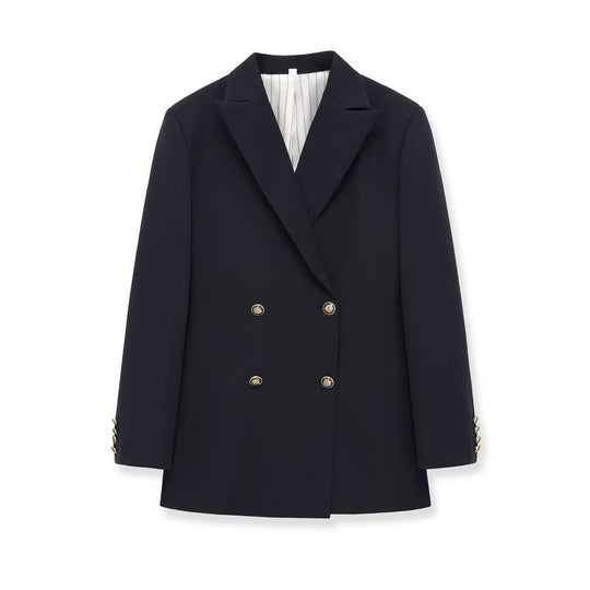 Damen Doppelreihiger Longblazer mit markanten Goldknöpfen und strukturierter Schulter Nord Taschen