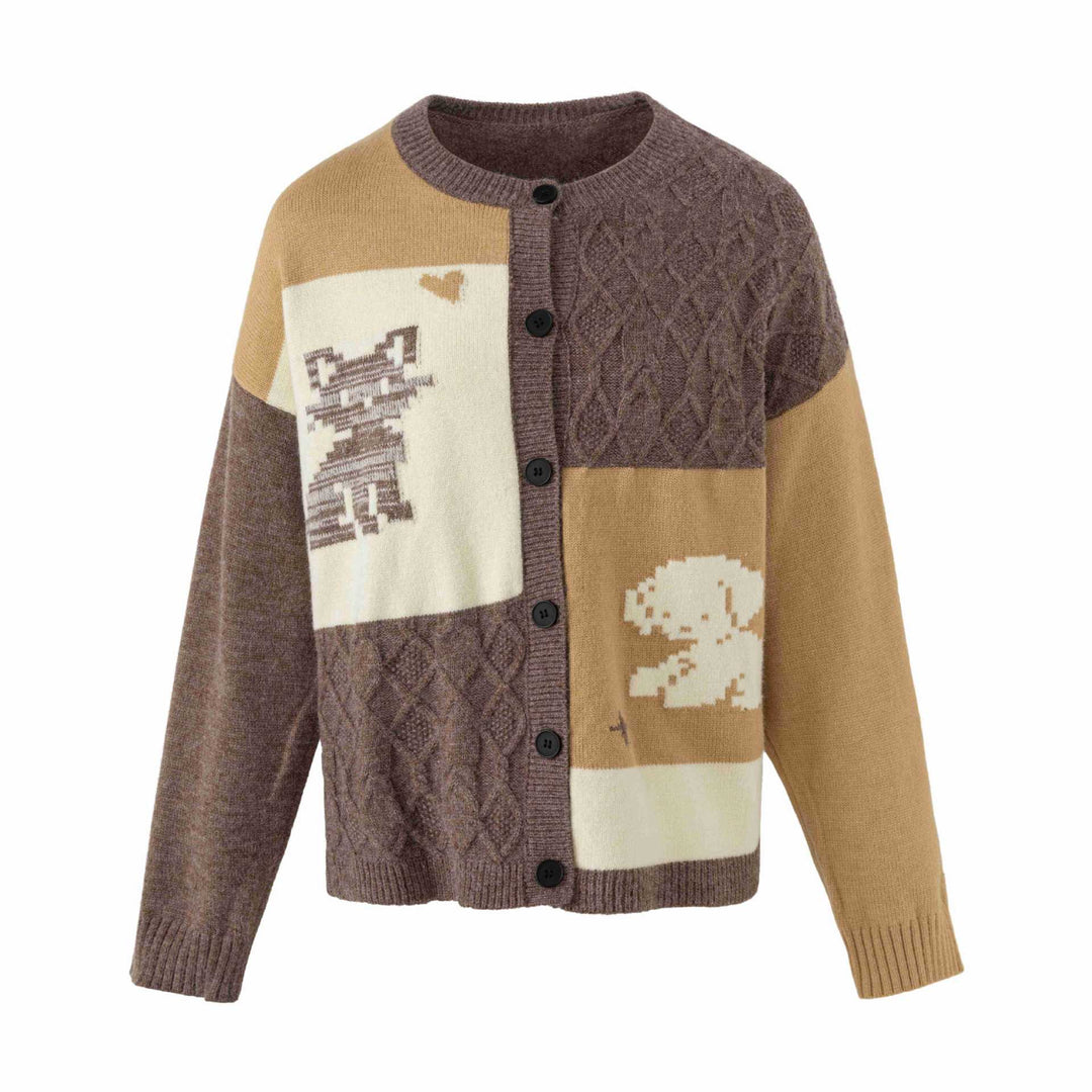 Damen Strickcardigan im Patchwork‑Look mit Zopfmuster und Rundhalsausschnitt Nord Taschen