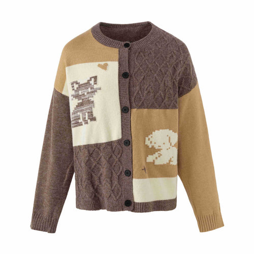 Damen Strickcardigan im Patchwork‑Look mit Zopfmuster und Rundhalsausschnitt Nord Taschen