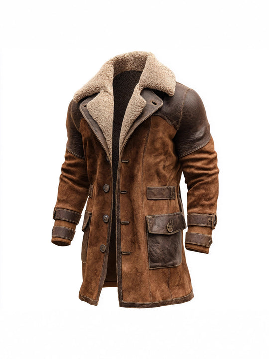 Herren Langer Shearling-Mantel aus Wildleder mit Lederbesatz Nord Taschen