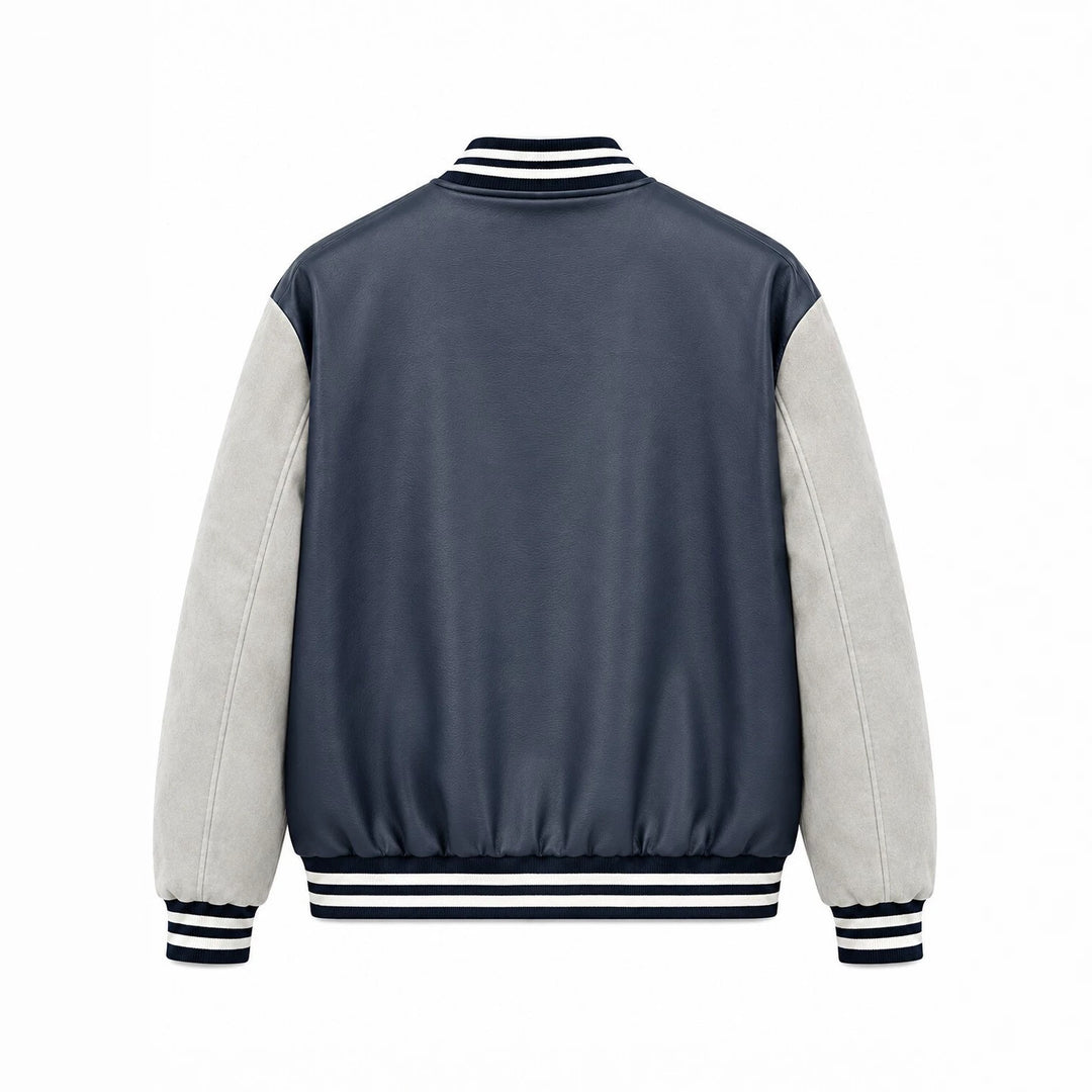 Herren Varsity-Lederoptik Collegejacke mit Kontrastärmeln, gestickten Patches und geripptem Saum Nord Taschen