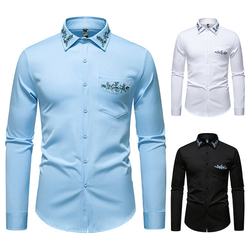 Herren Elegantes Slim-Fit Hemd mit floraler Stickerei am Kragen und aufgesetzter Brusttasche Nord Taschen