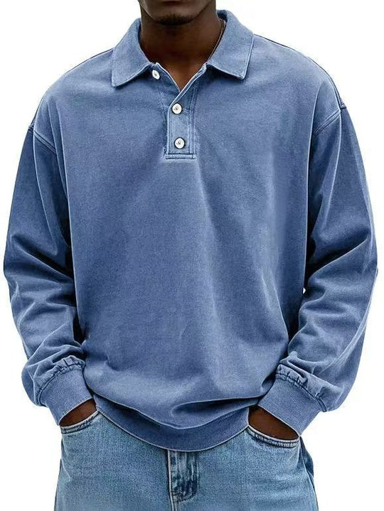 Herren nan lässiges Poloshirt-Sweatshirt mit Kragen, Vintage-Waschung und dreiteiliger Knopfleiste