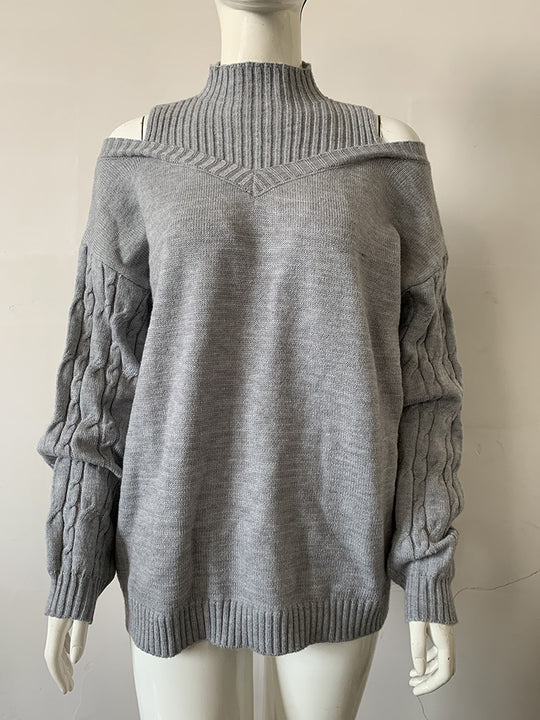 Damen Schulterfreier Oversize-Strickpullover mit Stehkragen Drune