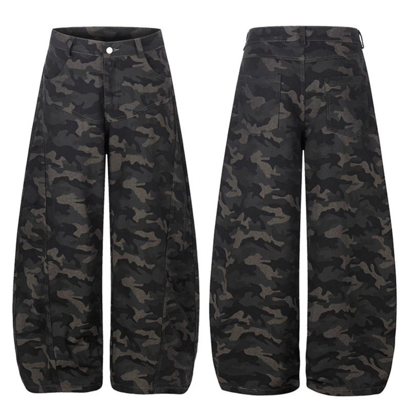 Damen Weite Camouflage-Palazzo-Hose mit hohem Bund, Gürtelschlaufen und ballonförmigem Bein Nord Taschen