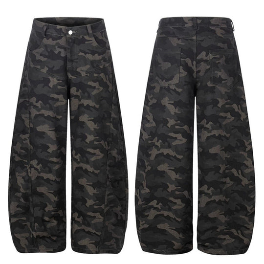 Damen Weite Camouflage-Palazzo-Hose mit hohem Bund, Gürtelschlaufen und ballonförmigem Bein Nord Taschen