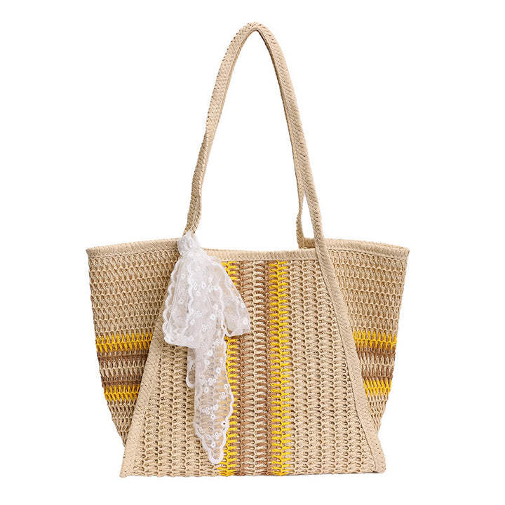 Damen geflochtene Strohtasche mit dekorativem Seidenschal Nord Taschen