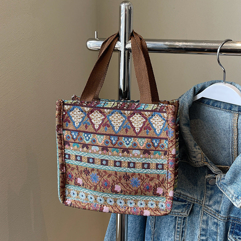 Damen Trendige Jute-Tasche mit buntem Ethnomuster Nord Taschen