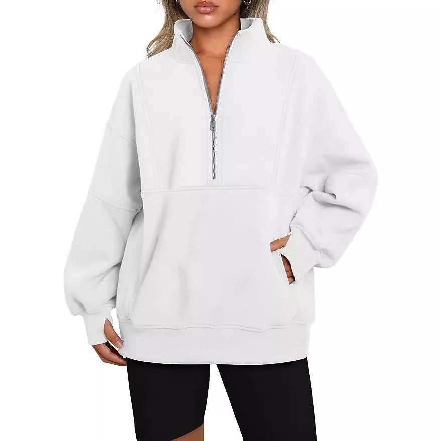 Damen Oversized Sweatshirt mit halbem Reißverschluss, Kängurutasche und Stehkragen Nord Taschen