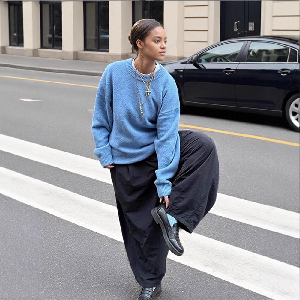 Damen Flauschiger Boxy Strickpullover aus Alpaka-Mix mit weitem Rundhalsausschnitt Nord Taschen