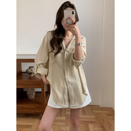 Damen Lässiges Leinenoptik-Longshirt mit Oversize-Schnitt und Brusttasche Nord Taschen