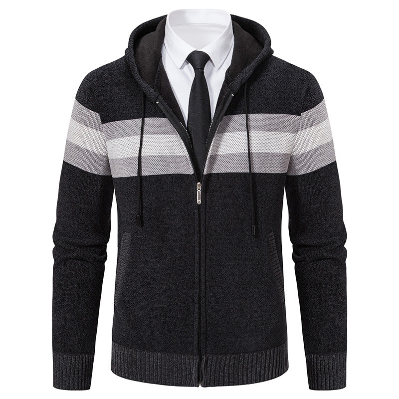 Herren Gestrickte Kapuzen-Strickjacke mit Kontraststreifen und Reißverschluss Nord Taschen