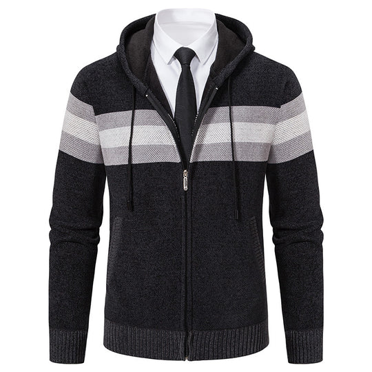 Herren Gestrickte Kapuzen-Strickjacke mit Kontraststreifen und Reißverschluss Nord Taschen