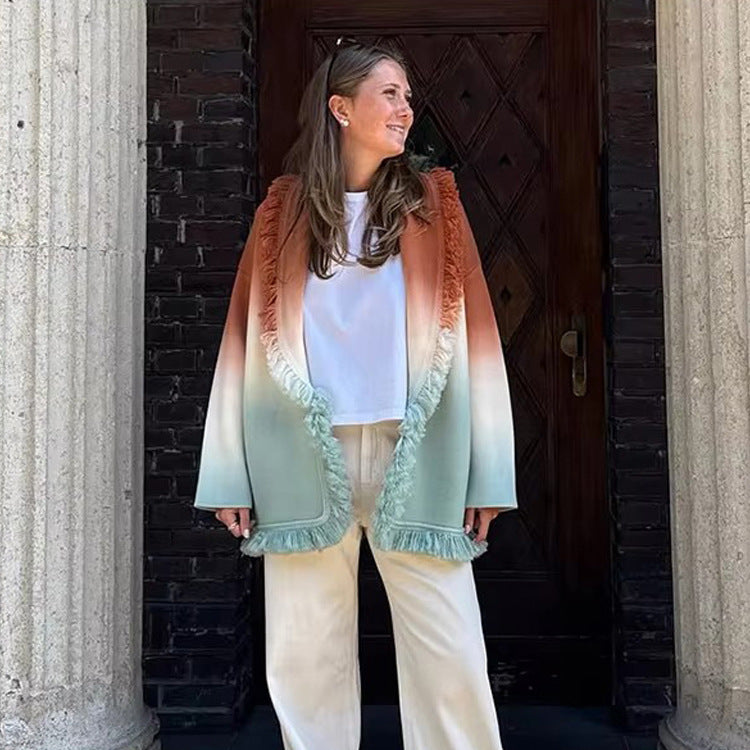 Damen Farbverlauf-Strickcardigan mit Fransen und Schalkragen Nord Taschen