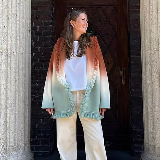 Damen Farbverlauf-Strickcardigan mit Fransen und Schalkragen Nord Taschen