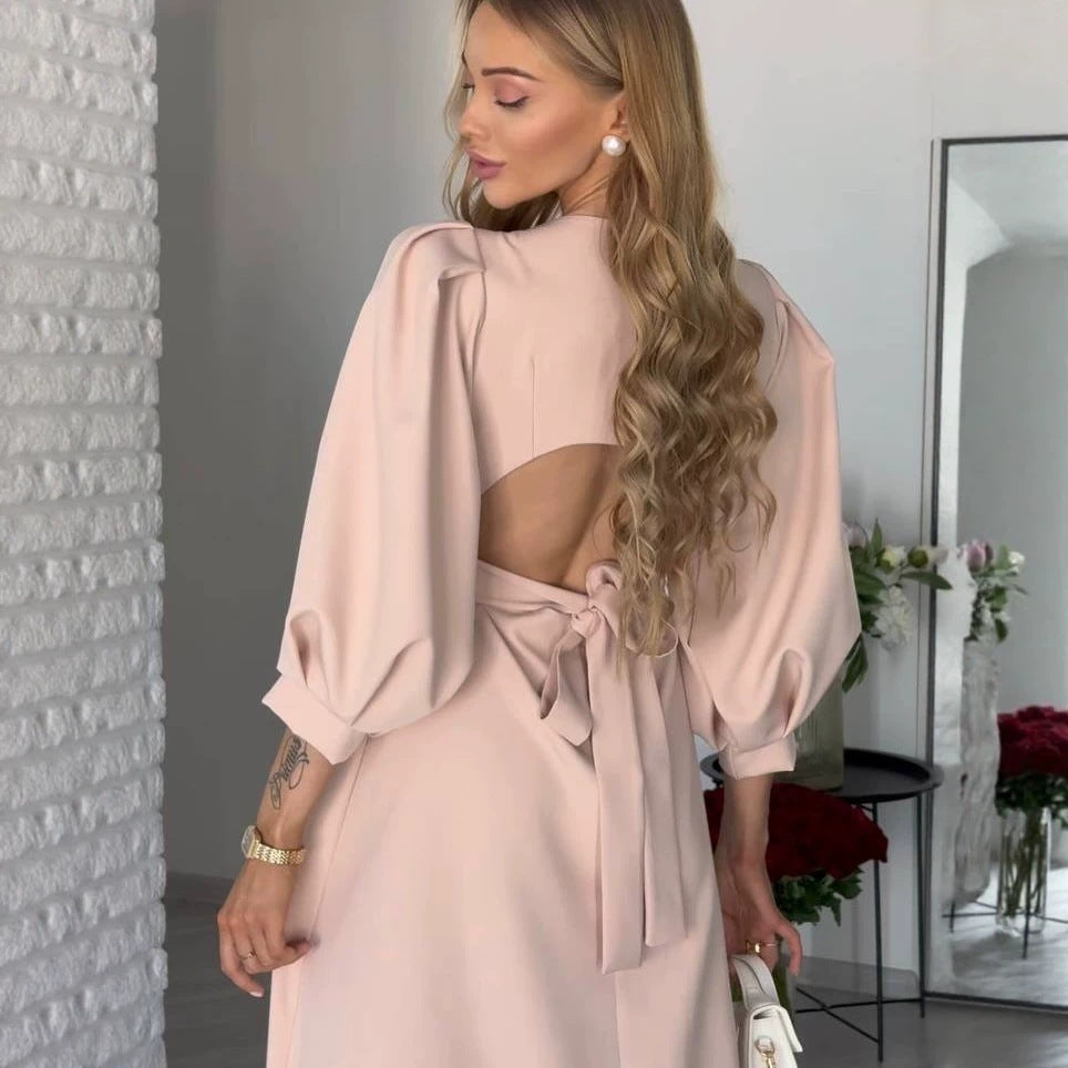 Damen Midikleid mit offenem Rückenausschnitt, voluminösen Puffärmeln und Bindegürtel Nord Taschen