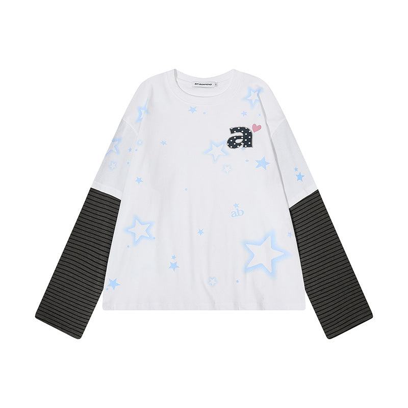 Damen Layered-Langarmshirt mit gestreiften Einsatzärmeln, Stern-Print und Applikation Nord Taschen