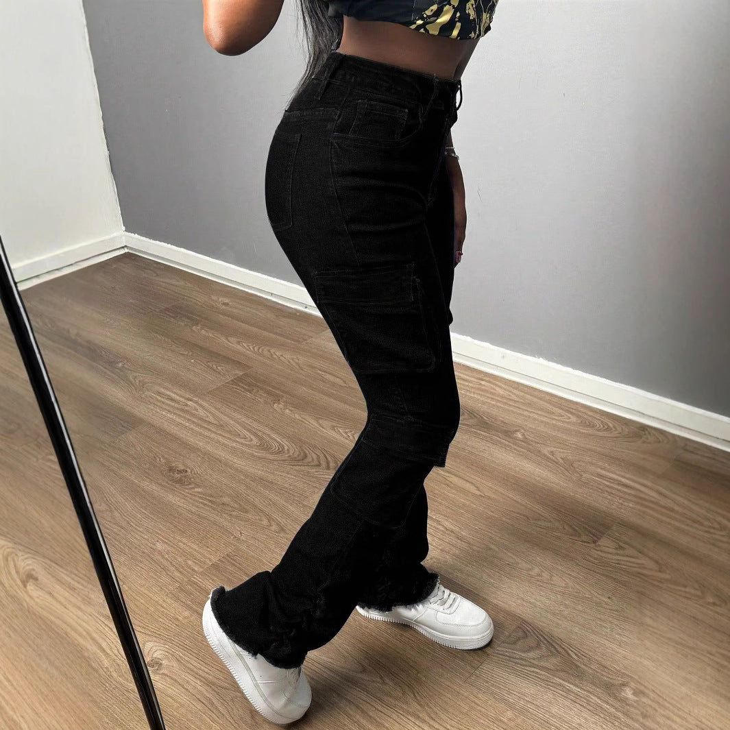 Damen Hochtaillierte Cargo-Jeans mit Mehrfach-Pattentaschen und langem Bein Nord Taschen