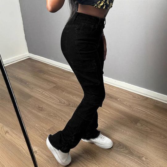 Damen Hochtaillierte Cargo-Jeans mit Mehrfach-Pattentaschen und langem Bein Nord Taschen