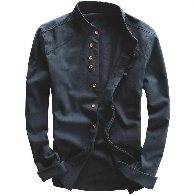 Herren Leichtes Baumwoll-Leinen Overshirt mit Stehkragen und Knopfleisten-Detail Nord Taschen