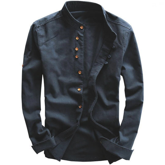 Herren Leichtes Baumwoll-Leinen Overshirt mit Stehkragen und Knopfleisten-Detail Nord Taschen