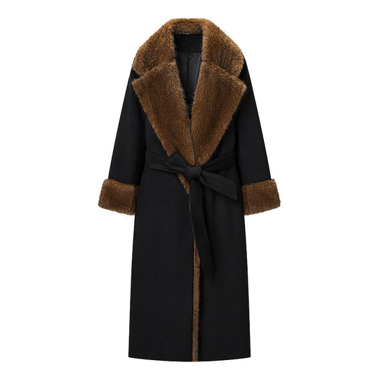 Damen Taillierter Maxi-Mantel mit Kunstfell-Schalkragen und Bindegürtel Nord Taschen